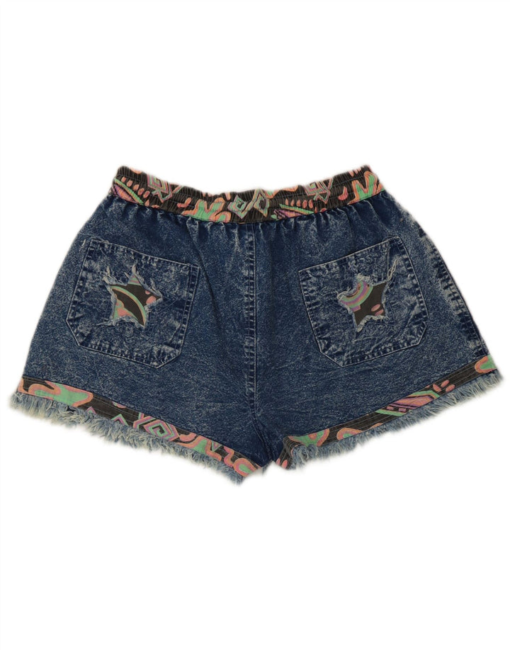 Shorts jeans feminino vintage médio W28 patchwork azul