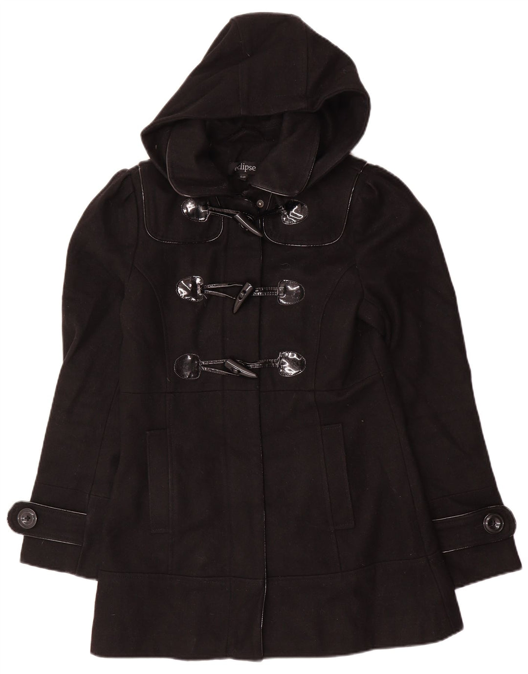 Casaco duffle feminino com capuz Eclipse UK 10 pequeno lã preta