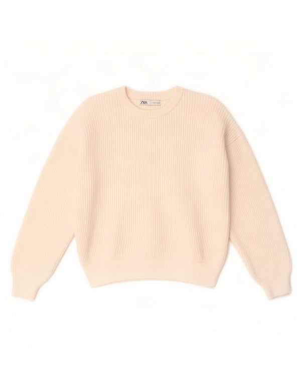 Suéter feminino Zara com gola redonda e viscose branca média UK 14