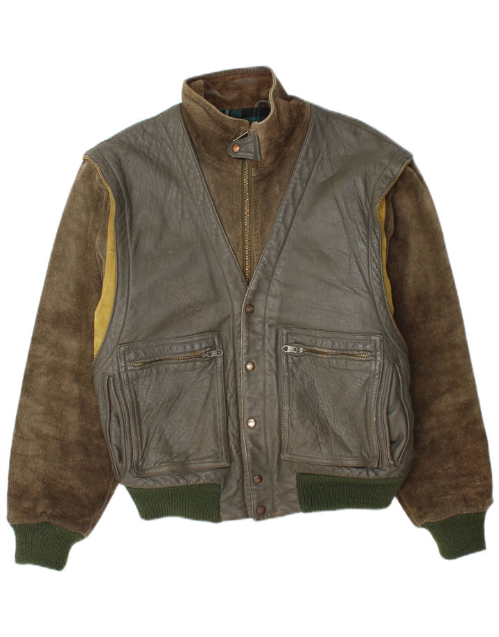 Belfe & Belfe Jaqueta masculina de couro bomber UK 38 Medium Khaki Colourblock