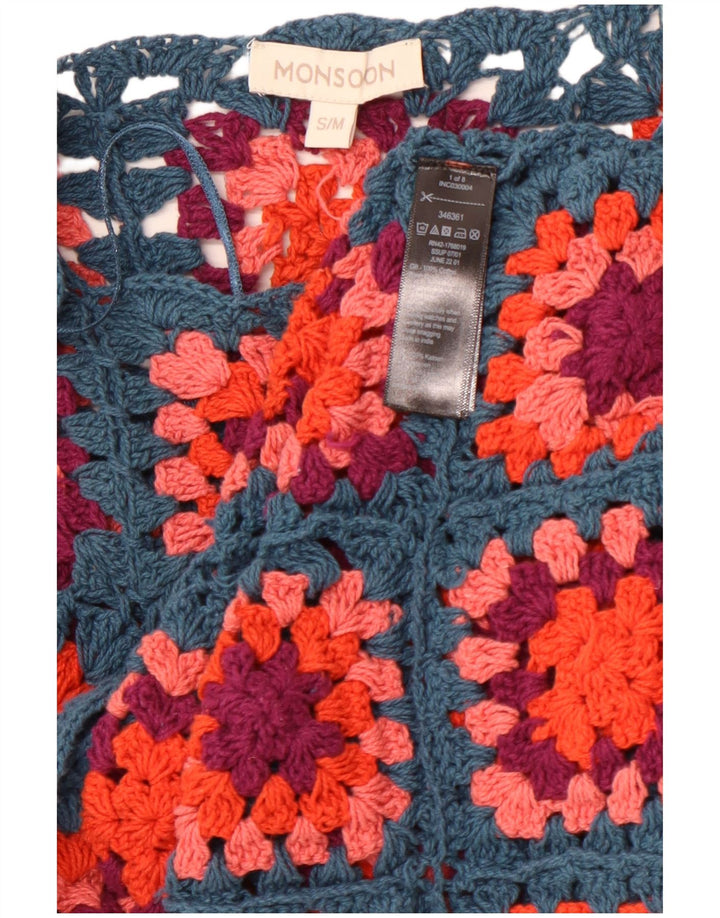 Suéter feminino de crochê com gola canoa MONSOON Reino Unido 10 pequeno xadrez azul