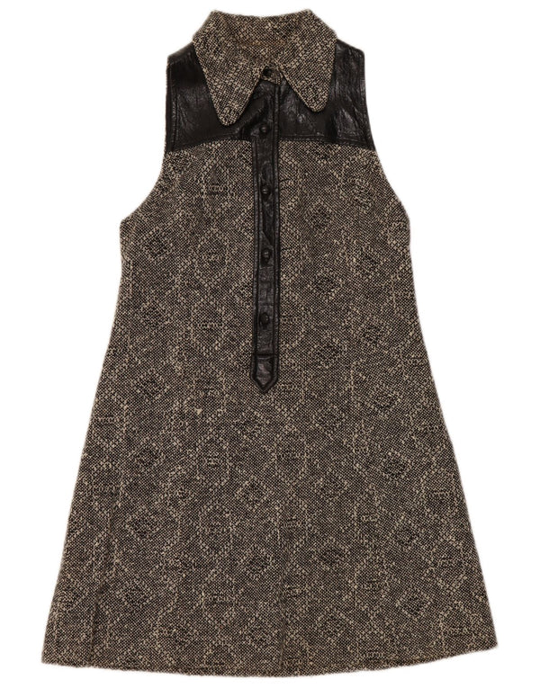 Vestido feminino vintage sem mangas evasê UK 8 pequeno preto geométrico