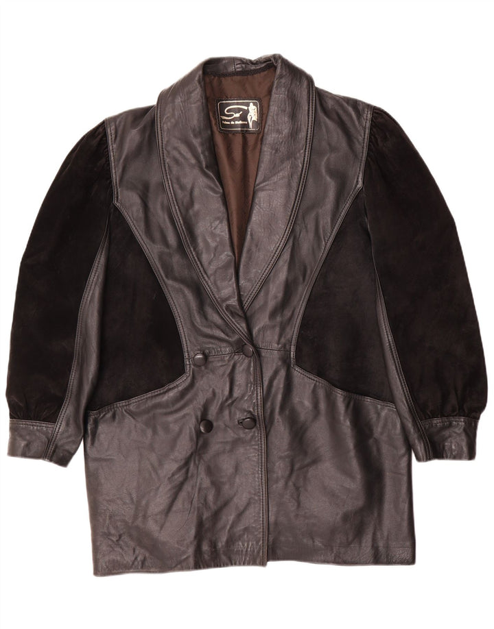 Casaco de couro superdimensionado feminino vintage Reino Unido 14 couro preto médio