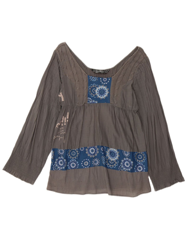 Blusa feminina Desigual de manga comprida com estampa gráfica UK 16 grande cinza geométrico