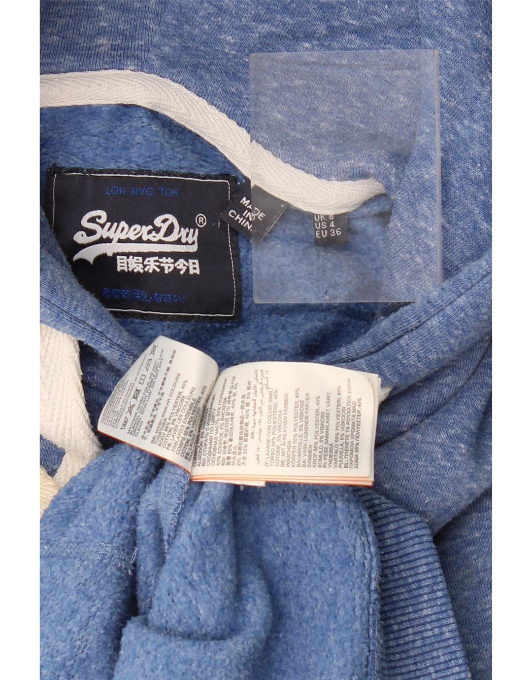 Superdry feminino gráfico moletom com capuz UK 8 pequeno poliéster manchado azul