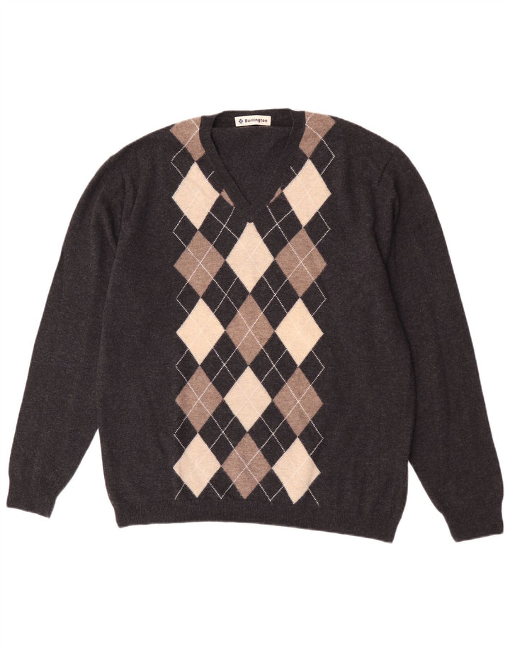 Suéter masculino Burlington com decote em V IT 52 grande cinza argyle/diamante