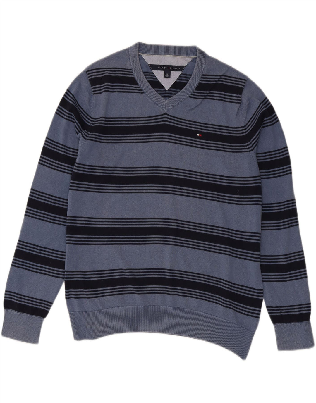 Suéter masculino TOMMY HILFIGER com decote em V de algodão listrado azul médio