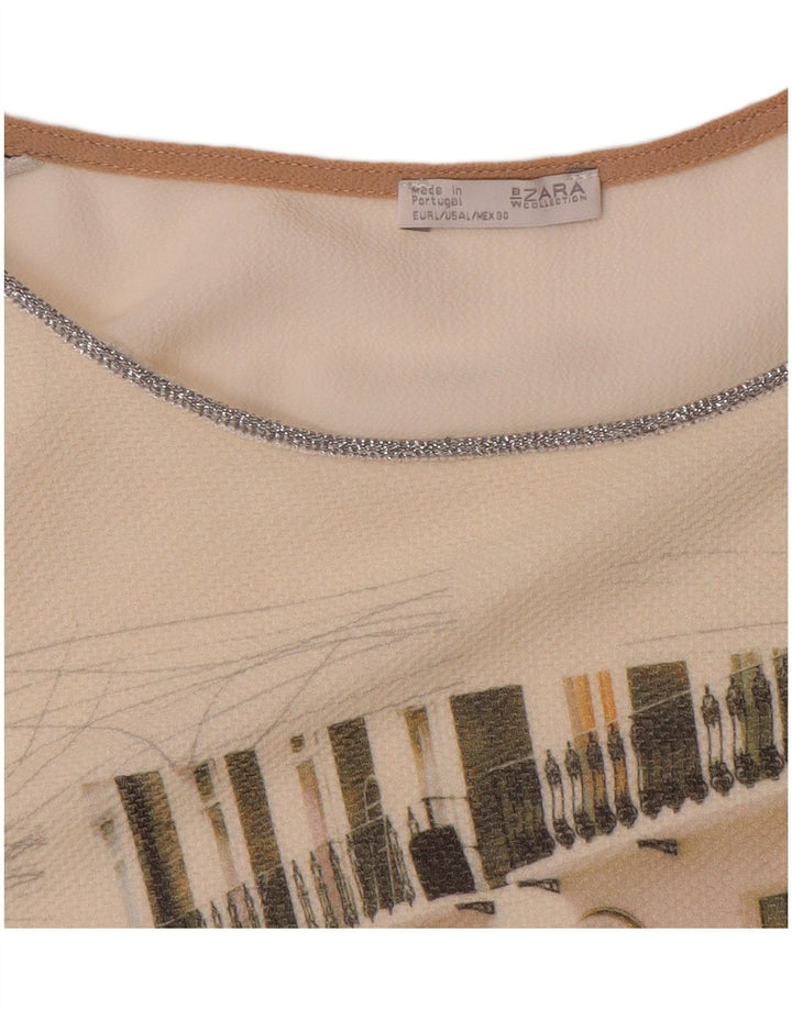 Top gráfico feminino Zara manga comprida UK 16 grande bloco colorido branco