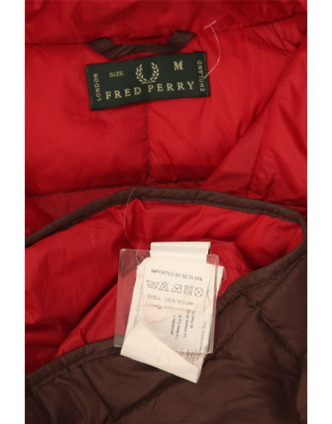Jaqueta masculina acolchoada com capuz Fred Perry Reino Unido 38 nylon marrom médio