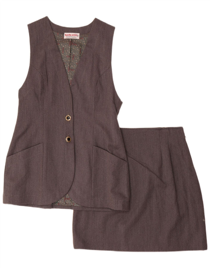 Conjunto de saia feminina vintage com 2 botões e 2 peças Reino Unido 12 médio W28 listrado cinza