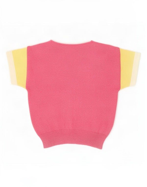 Suéter feminino vintage com gola canoa UK 12 bloco colorido rosa médio