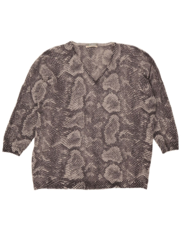 Suéter feminino Marks & Spencer com decote em V Reino Unido 22 2XL cinza animal estampado