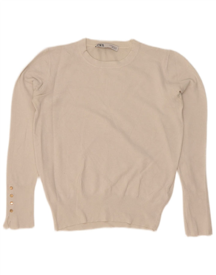 Suéter feminino Zara com gola redonda, Reino Unido 12, viscose branca média