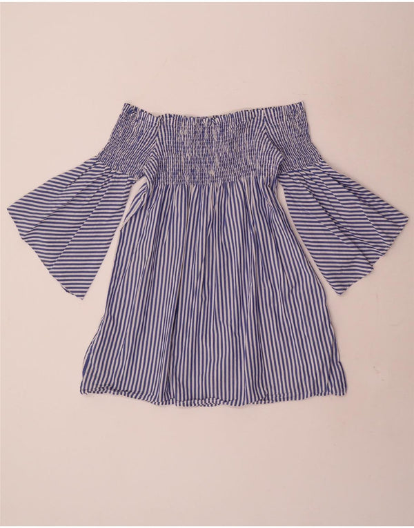 Top feminino Zara com manga 3/4 sem ombro UK 4 XS algodão listrado azul