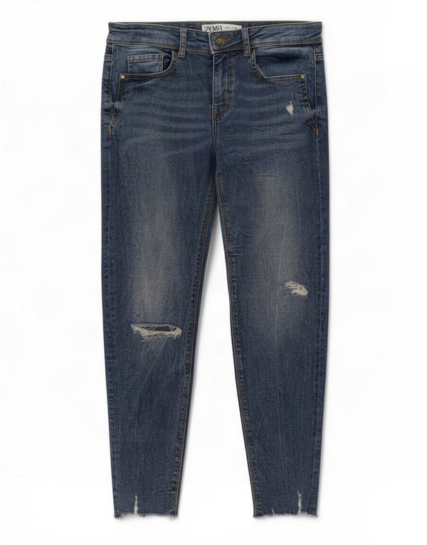 Zara Jeans skinny feminino desgastado UE 38 pequeno W28 L27 algodão azul