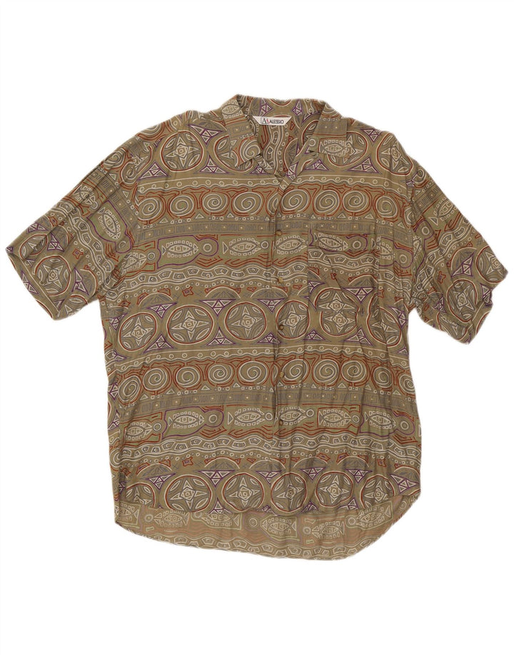 Camisa masculina vintage de manga curta grande cáqui viscose geométrica