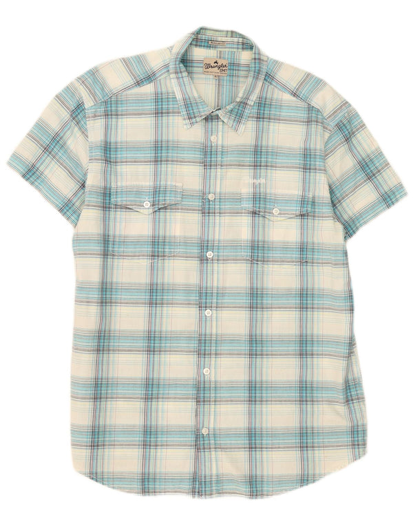 Camisa Wrangler masculina de flanela de manga curta XL azul xadrez algodão
