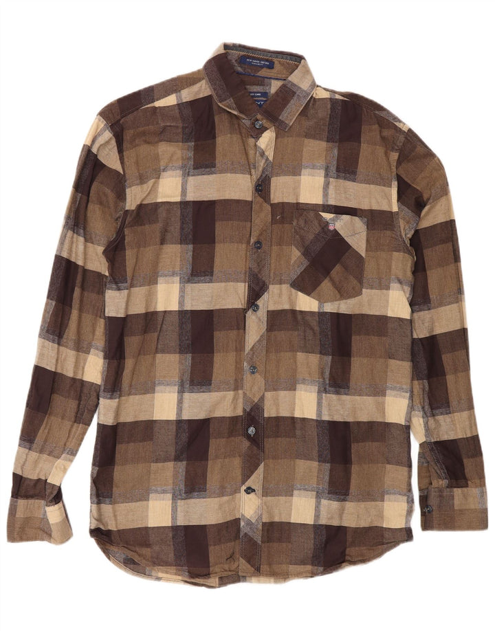 Camisa masculina de flanela Gant Regular Fit grande algodão xadrez marrom