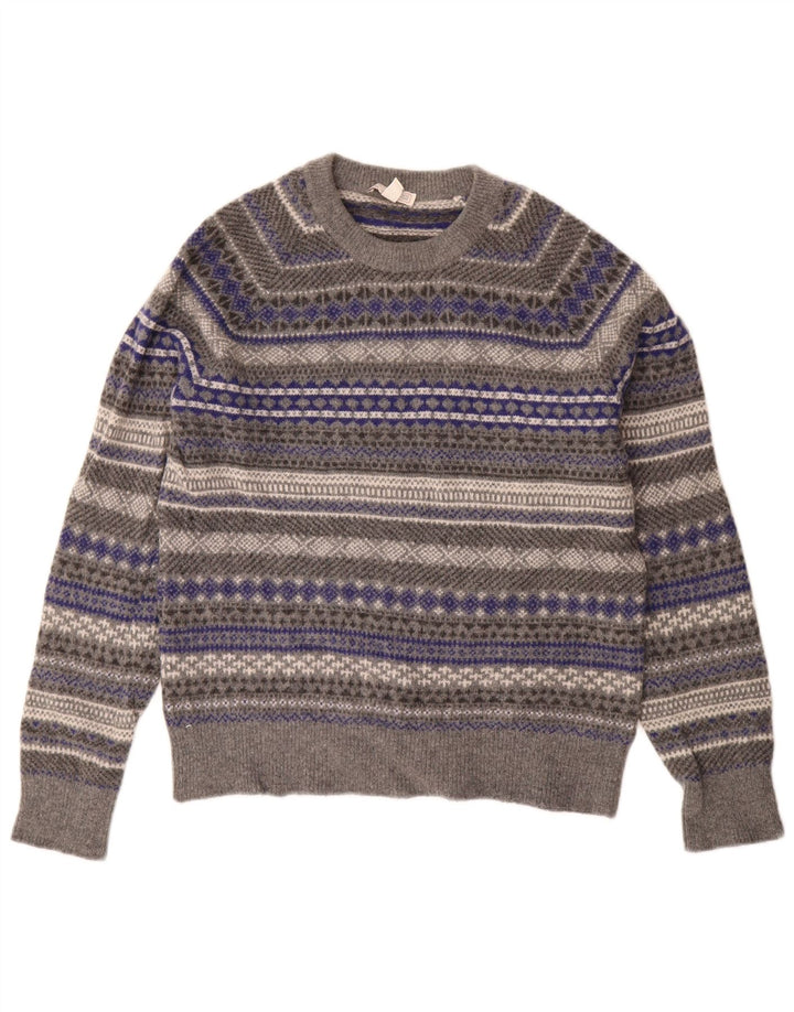 Suéter feminino Gap com gola redonda UK 14 lã Fair Isle cinza médio