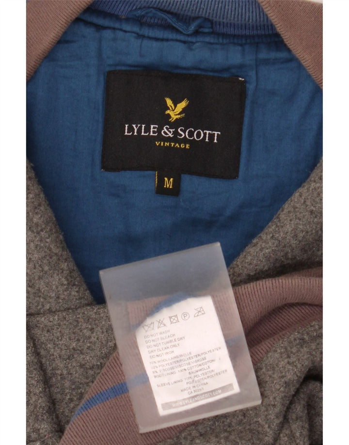 Jaqueta masculina vintage Varsity Lyle & Scott Reino Unido 38 lã colorblock cinza médio