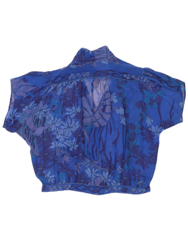 Blusa feminina vintage transparente de manga curta Reino Unido 18 XL azul floral