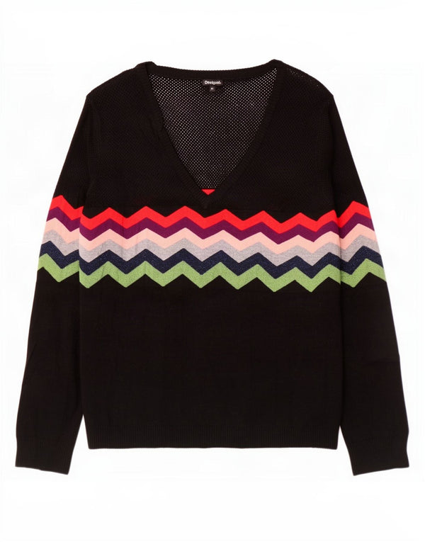 Suéter feminino Desigual com decote em V UK 18 XL preto Chevron Viscose