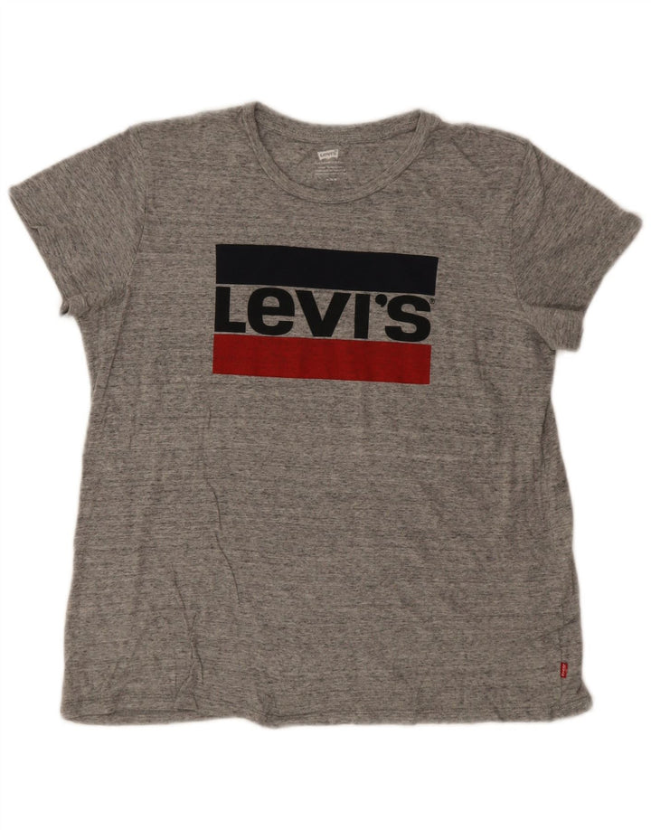 Camiseta feminina gráfica Levi's Top UK 14 logotipo manchado cinza médio