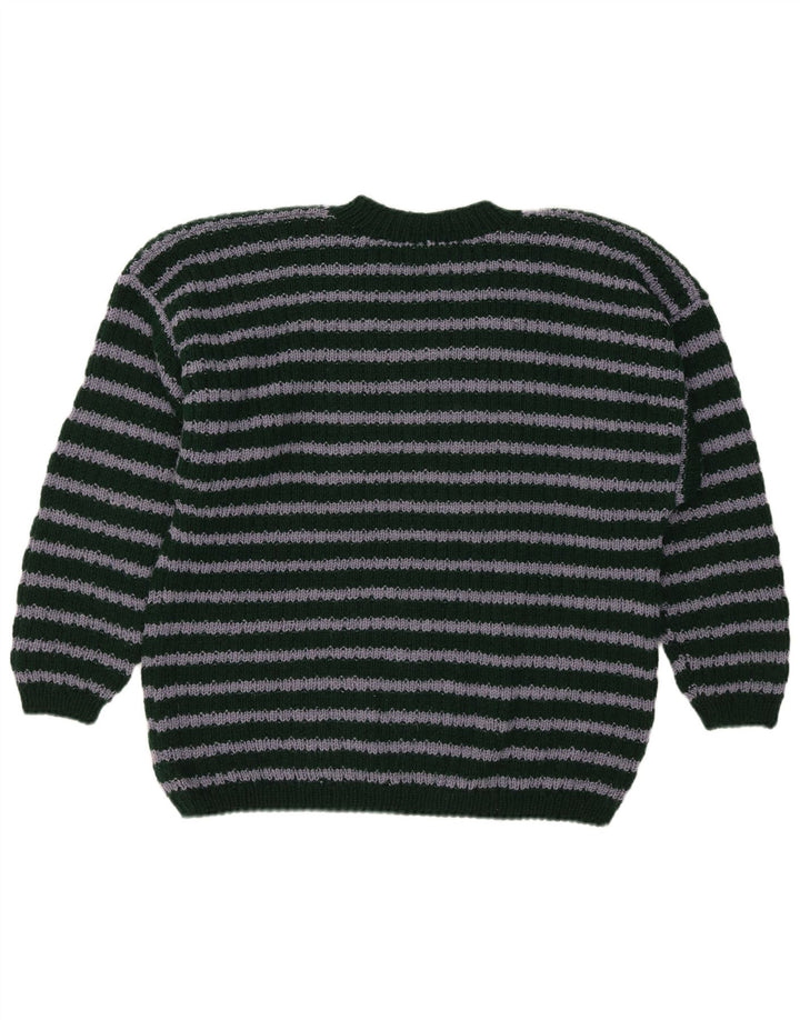 Suéter masculino vintage com decote em V listrado verde médio