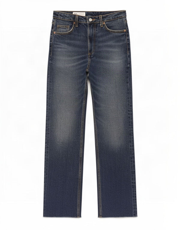 Zara Jeans feminino cintura alta reta UE 38 pequeno W28 L26 algodão azul