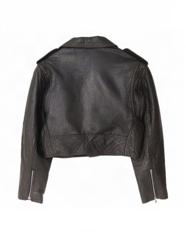 Jaqueta feminina de couro cropped Akaso Reino Unido 10 pequena preta