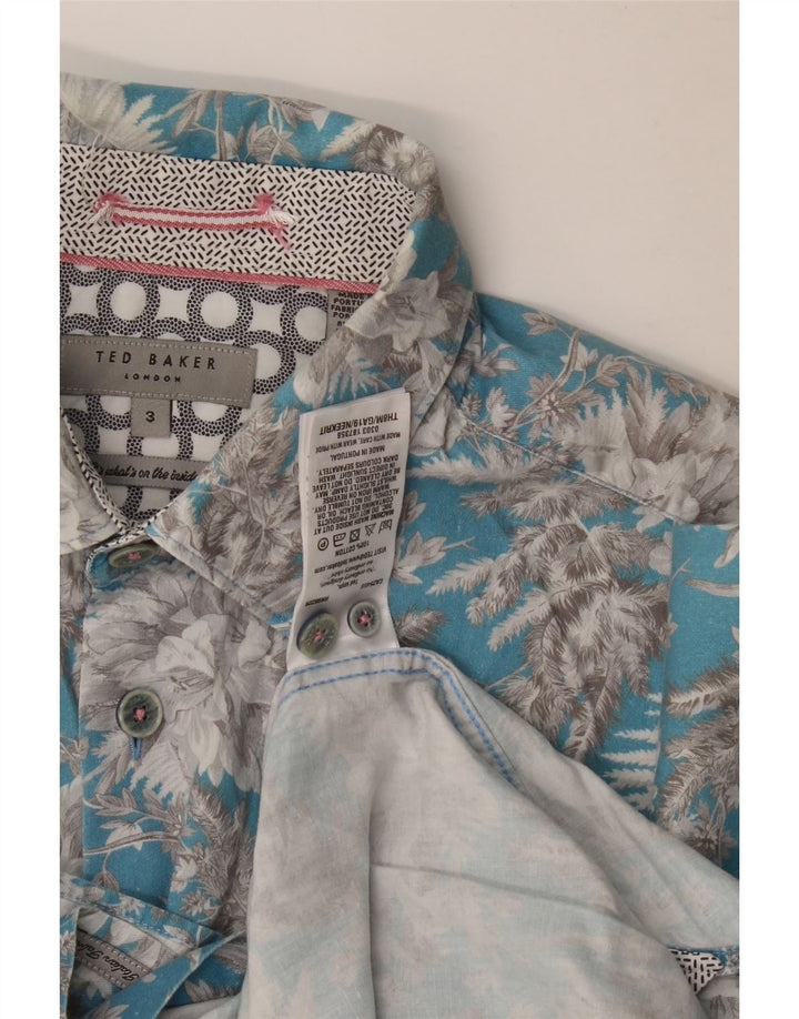 Camisa masculina de manga curta Ted Baker tamanho 3 algodão floral azul médio