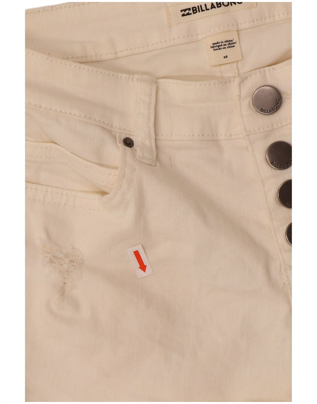 Calça feminina jeans desgastada BILLABONG W26 pequena algodão branco