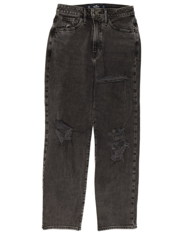 Calça jeans feminina Hollister desgastada reta US 3 pequena W26 L27 cinza