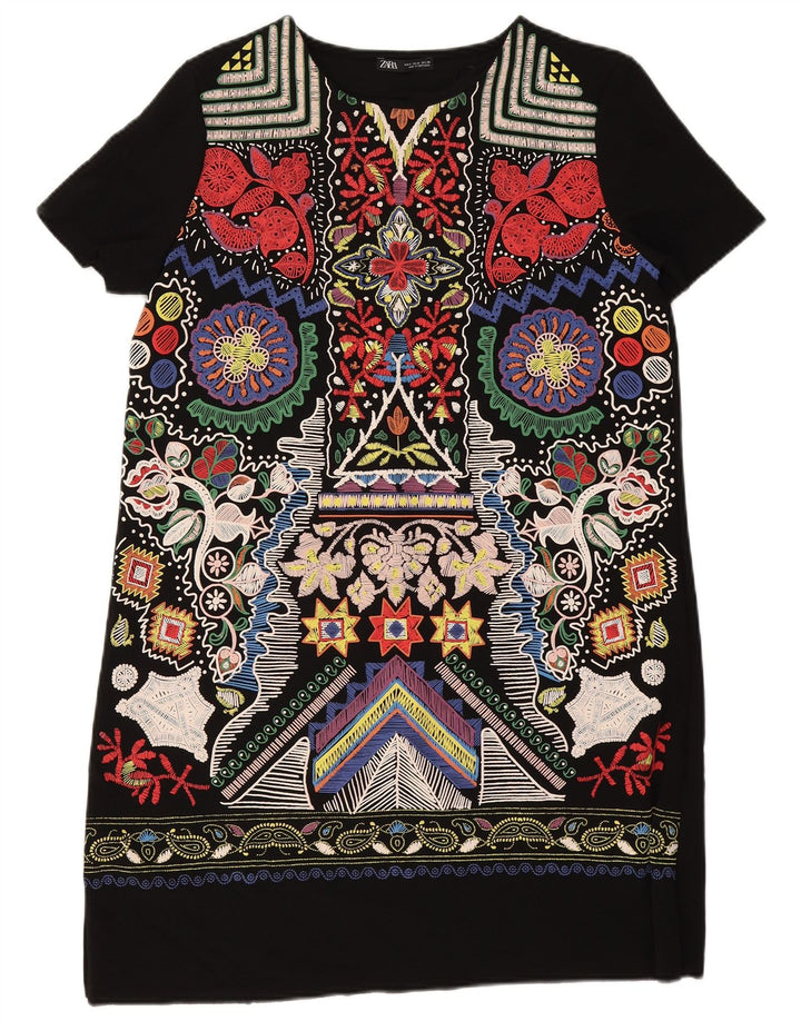 Vestido feminino Zara com padrão abstrato em mudança Reino Unido 14 médio preto