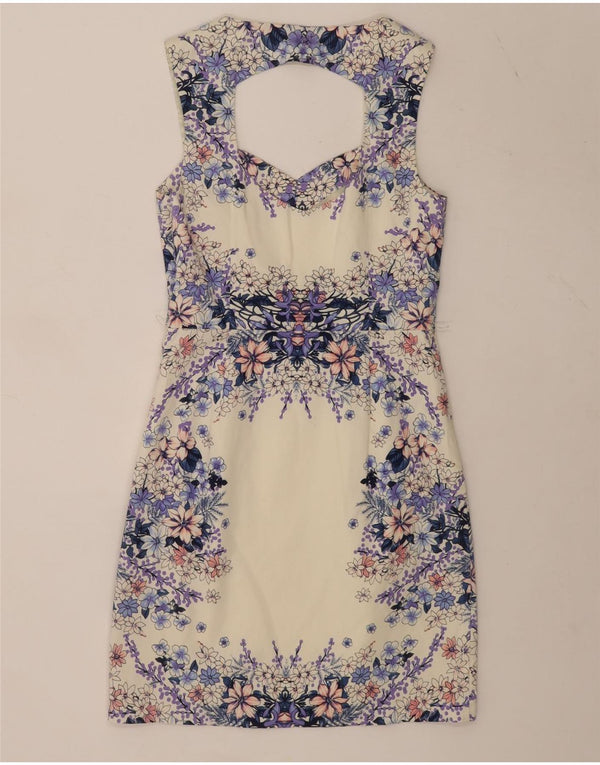 Vestido feminino Oasis sem mangas com bainha UK 10 pequeno algodão floral branco