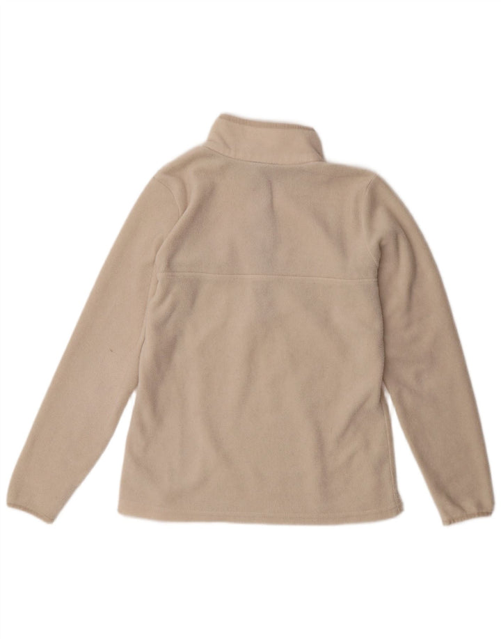 Suéter feminino Columbia de lã com gola redonda e botão UK 10 pequeno poliéster branco