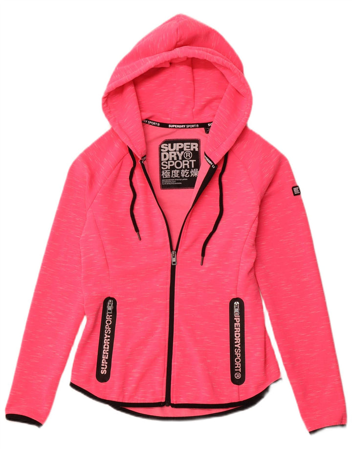 Suéter feminino SUPERDRY com capuz e zíper gráfico Reino Unido 10 pequeno rosa manchado