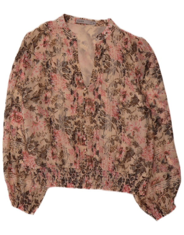 Blusa feminina Oasis de manga comprida, top UK 14, grande, bege, floral, poliéster