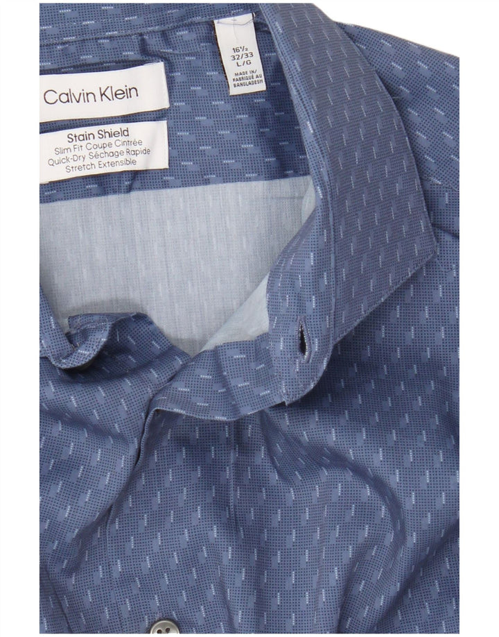 Camisa masculina Calvin Klein Slim Fit tamanho 16 1/2 grande poliéster geométrico azul