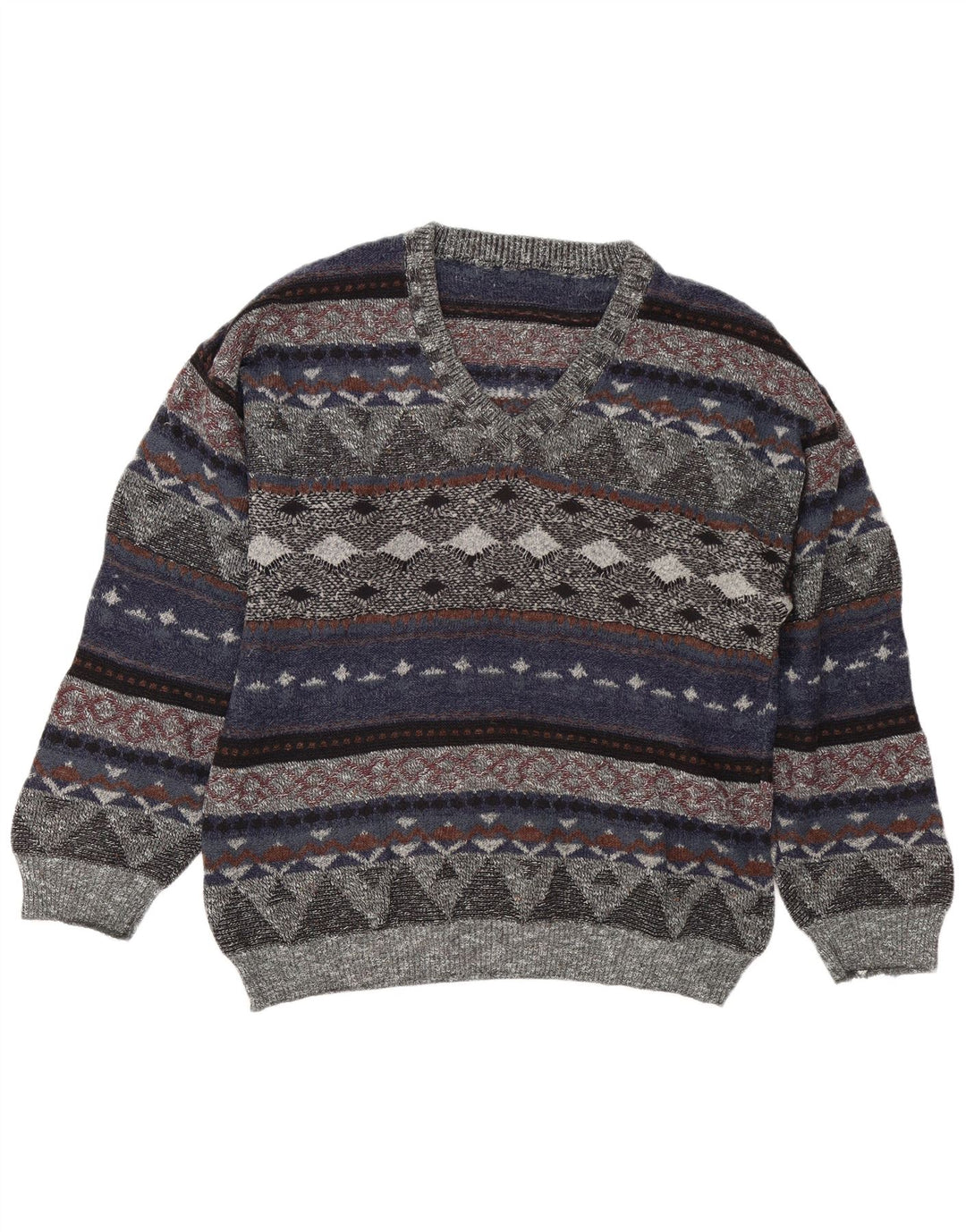 Suéter masculino vintage com decote em V grande multicolorido Fair Isle