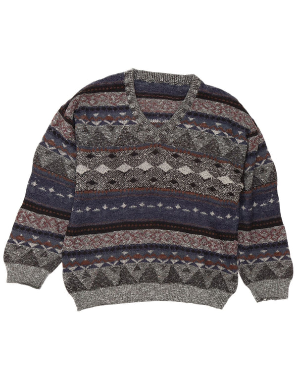 Suéter masculino vintage com decote em V grande multicolorido Fair Isle