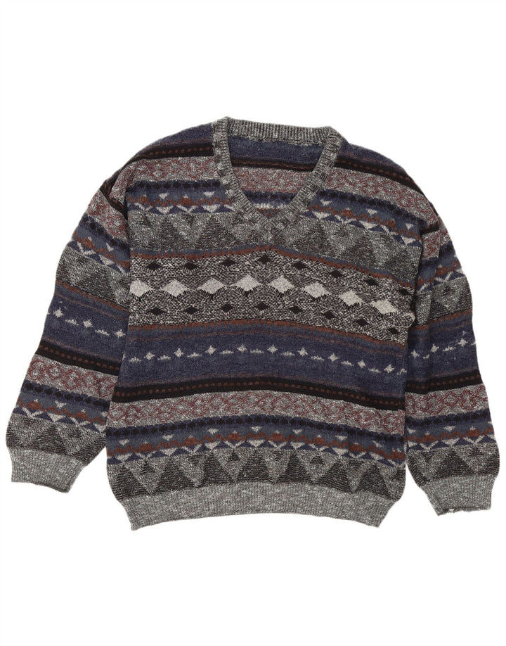 Suéter masculino vintage com decote em V grande multicolorido Fair Isle