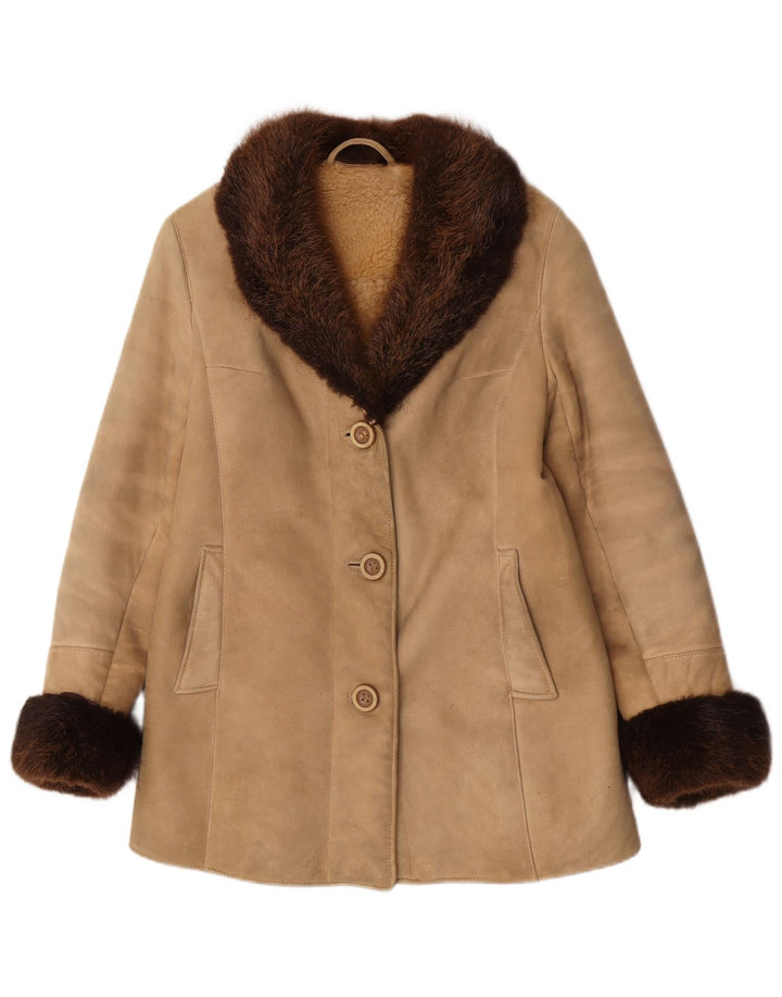 Casaco feminino vintage de shearling UK 10 pequeno bege