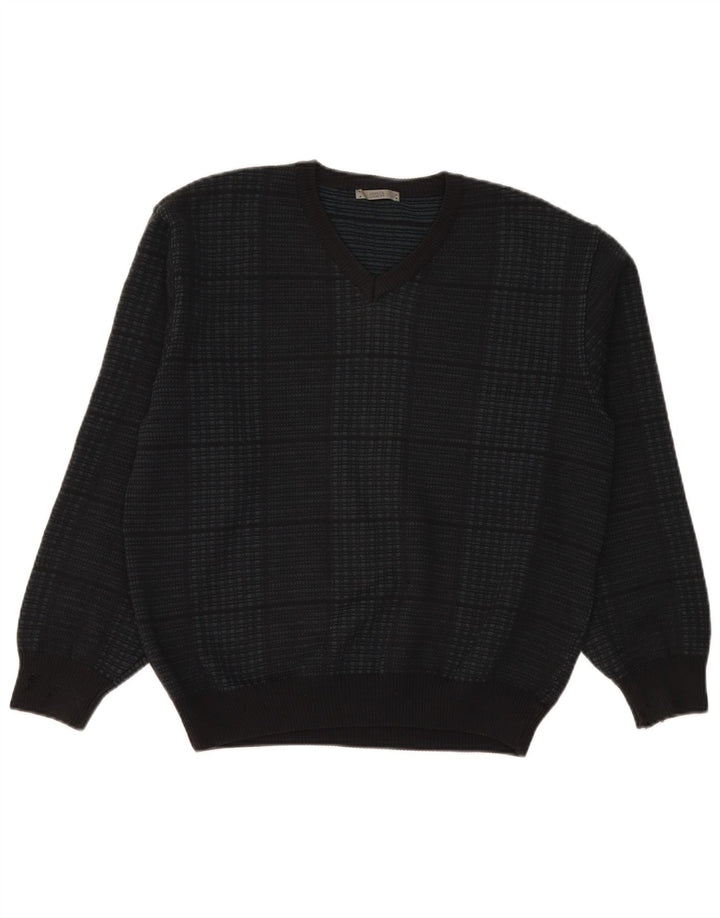 Suéter masculino Marks & Spencer com decote em V grande acrílico xadrez azul marinho