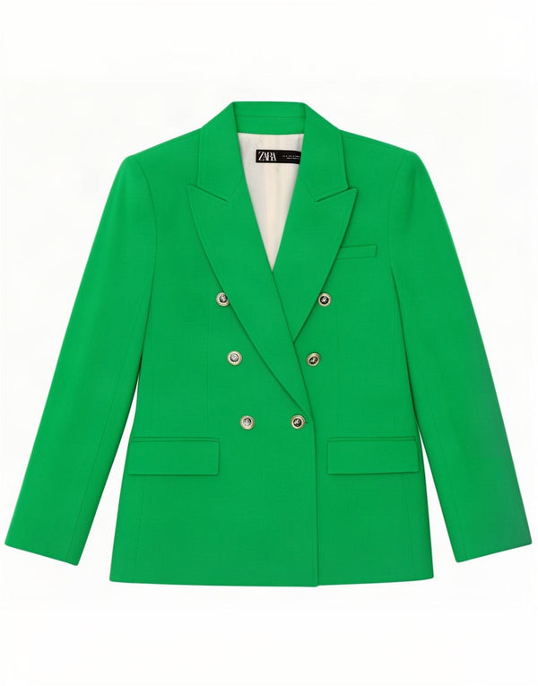 Jaqueta blazer feminina Zara com peito duplo Reino Unido 10 poliéster verde pequeno