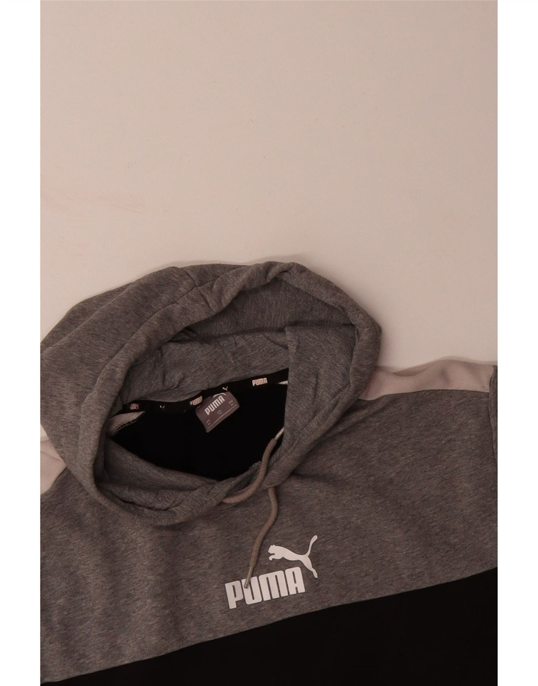 PUMA masculino gráfico moletom com capuz XL cinza colorblock algodão