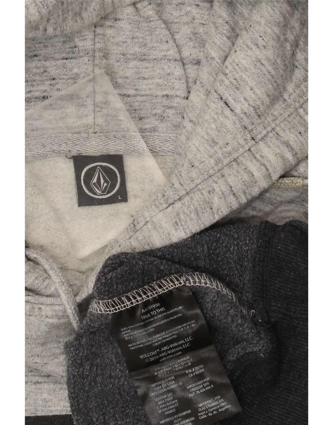 Suéter masculino com capuz gráfico da Volcom, grande, cinza, algodão colorblock