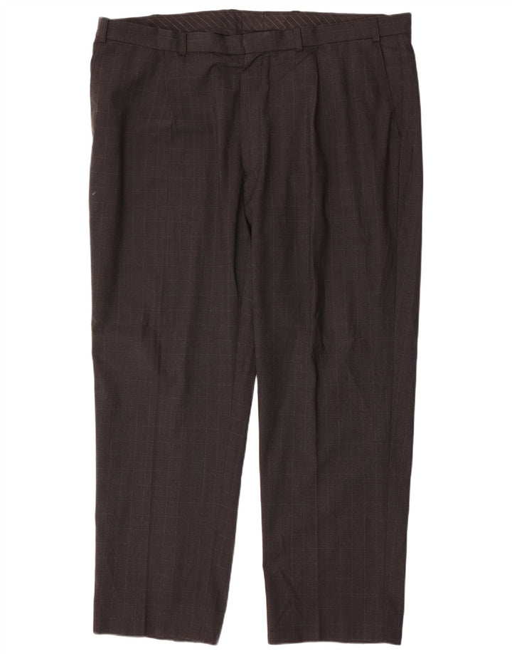 Calça masculina de terno reto Marks & Spencer W44 L31 poliéster xadrez cinza