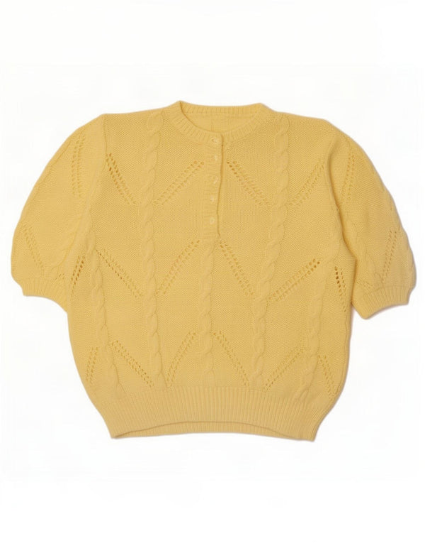 Suéter feminino vintage de manga curta com botão e pescoço UK 18 XL amarelo