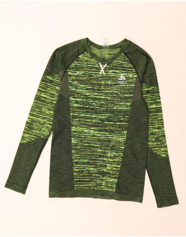 Top feminino Odlo manga comprida UK 12 poliéster geométrico verde médio